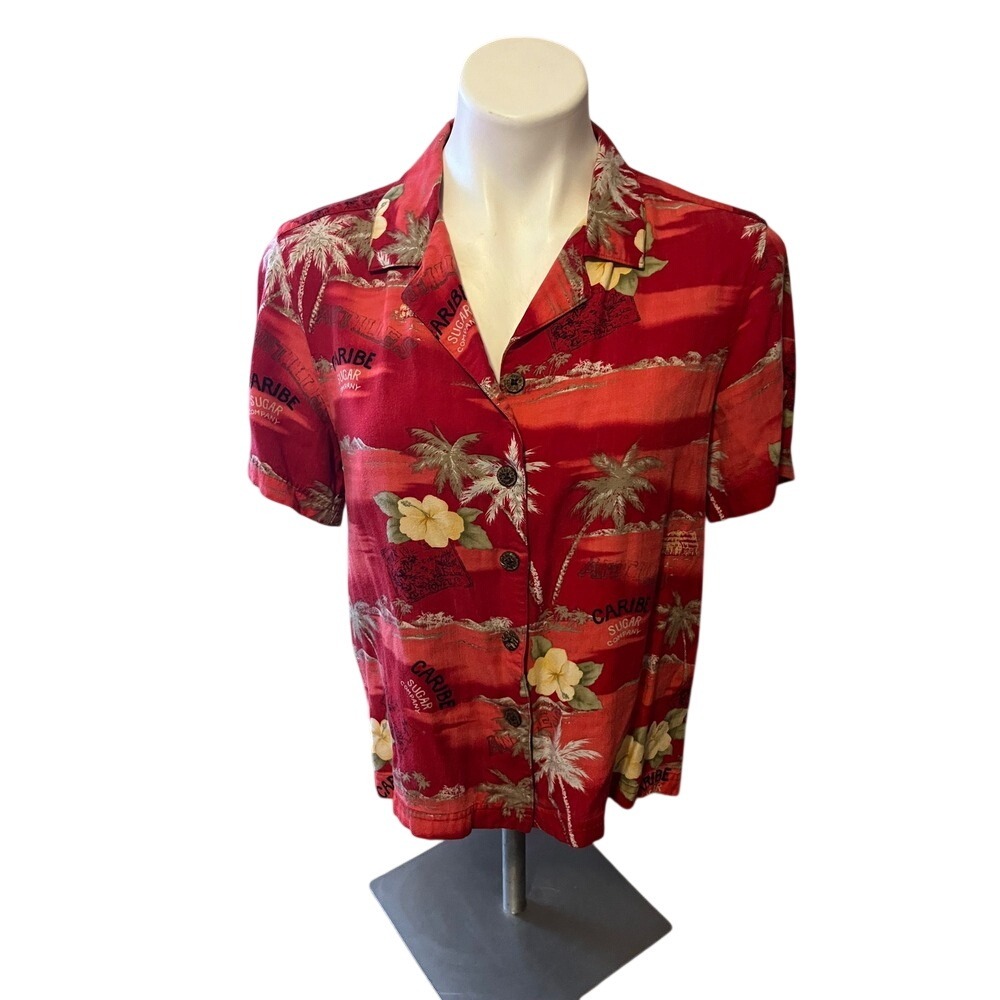 Island Traders Red Tropical Caribe Sugar Company Rayon Hawaiian Camp‎ Shirt M